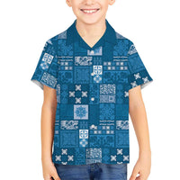 Vintage Hawaiian Quilting Patterns Family Matching Short Sleeve Bodycon Dress and Hawaiian Shirt Blue Style Tribal Fabric Patchwork - Polynesian Pride