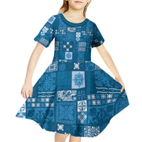 Vintage Hawaiian Quilting Patterns Kid Short Sleeve Dress Blue Style Tribal Fabric Patchwork LT9 - Polynesian Pride