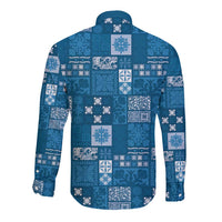 Vintage Hawaiian Quilting Patterns Long Sleeve Button Shirt Blue Style Tribal Fabric Patchwork - Polynesian Pride