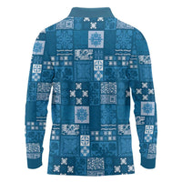 Vintage Hawaiian Quilting Patterns Long Sleeve Polo Shirt Blue Style Tribal Fabric Patchwork - Polynesian Pride
