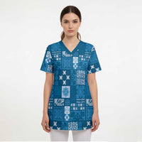 Vintage Hawaiian Quilting Patterns Scrub Top Blue Style Tribal Fabric Patchwork - Polynesian Pride