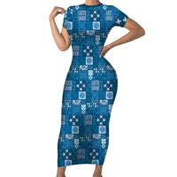 Vintage Hawaiian Quilting Patterns Short Sleeve Bodycon Dress Blue Style Tribal Fabric Patchwork LT9 Long Dress Blue - Polynesian Pride