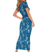 Vintage Hawaiian Quilting Patterns Short Sleeve Bodycon Dress Blue Style Tribal Fabric Patchwork LT9 - Polynesian Pride
