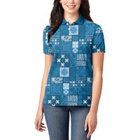 Vintage Hawaiian Quilting Patterns Women Polo Shirt Blue Style Tribal Fabric Patchwork - Polynesian Pride