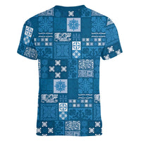 Vintage Hawaiian Quilting Patterns Women V-Neck T-Shirt Blue Style Tribal Fabric Patchwork - Polynesian Pride