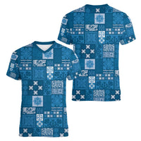 Vintage Hawaiian Quilting Patterns Women V-Neck T-Shirt Blue Style Tribal Fabric Patchwork - Polynesian Pride
