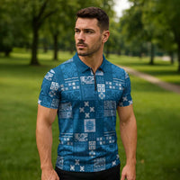 Vintage Hawaiian Quilting Patterns Zipper Polo Shirt Blue Style Tribal Fabric Patchwork - Polynesian Pride