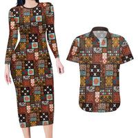 Vintage Hawaiian Quilting Patterns Couples Matching Long Sleeve Bodycon Dress and Hawaiian Shirt Brown Style Tribal Fabric Patchwork - Polynesian Pride