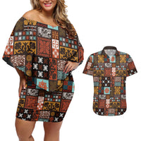 Vintage Hawaiian Quilting Patterns Couples Matching Off Shoulder Short Dress and Hawaiian Shirt Brown Style Tribal Fabric Patchwork LT9 Brown - Polynesian Pride