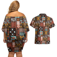 Vintage Hawaiian Quilting Patterns Couples Matching Off Shoulder Short Dress and Hawaiian Shirt Brown Style Tribal Fabric Patchwork LT9 - Polynesian Pride