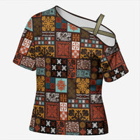 Vintage Hawaiian Quilting Patterns Cross Shoulder Shirt Brown Style Tribal Fabric Patchwork LT9 Female Brown - Polynesian Pride