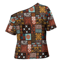 Vintage Hawaiian Quilting Patterns Cross Shoulder Shirt Brown Style Tribal Fabric Patchwork LT9 - Polynesian Pride