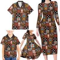 Vintage Hawaiian Quilting Patterns Family Matching Long Sleeve Bodycon Dress and Hawaiian Shirt Brown Style Tribal Fabric Patchwork - Polynesian Pride