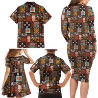 Vintage Hawaiian Quilting Patterns Family Matching Long Sleeve Bodycon Dress and Hawaiian Shirt Brown Style Tribal Fabric Patchwork - Polynesian Pride