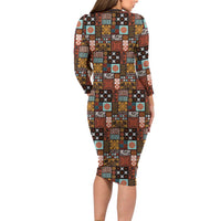 Vintage Hawaiian Quilting Patterns Family Matching Long Sleeve Bodycon Dress and Hawaiian Shirt Brown Style Tribal Fabric Patchwork - Polynesian Pride