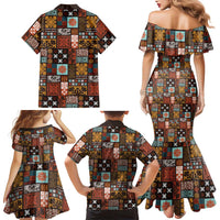 Vintage Hawaiian Quilting Patterns Family Matching Mermaid Dress and Hawaiian Shirt Brown Style Tribal Fabric Patchwork - Polynesian Pride