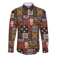 Vintage Hawaiian Quilting Patterns Family Matching Off The Shoulder Long Sleeve Dress and Hawaiian Shirt Brown Style Tribal Fabric Patchwork - Polynesian Pride