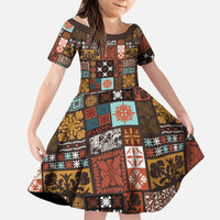 Vintage Hawaiian Quilting Patterns Family Matching Off Shoulder Maxi Dress and Hawaiian Shirt Brown Style Tribal Fabric Patchwork - Polynesian Pride