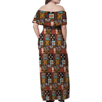 Vintage Hawaiian Quilting Patterns Family Matching Off Shoulder Maxi Dress and Hawaiian Shirt Brown Style Tribal Fabric Patchwork - Polynesian Pride
