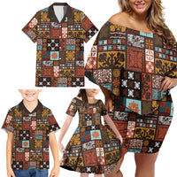 Vintage Hawaiian Quilting Patterns Family Matching Off Shoulder Short Dress and Hawaiian Shirt Brown Style Tribal Fabric Patchwork - Polynesian Pride