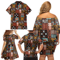 Vintage Hawaiian Quilting Patterns Family Matching Off Shoulder Short Dress and Hawaiian Shirt Brown Style Tribal Fabric Patchwork - Polynesian Pride