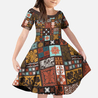 Vintage Hawaiian Quilting Patterns Kid Short Sleeve Dress Brown Style Tribal Fabric Patchwork - Polynesian Pride