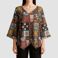 Vintage Hawaiian Quilting Patterns Kimono Sleeve Blouse Brown Style Tribal Fabric Patchwork - Polynesian Pride