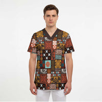 Vintage Hawaiian Quilting Patterns Scrub Top Brown Style Tribal Fabric Patchwork - Polynesian Pride