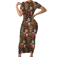 Vintage Hawaiian Quilting Patterns Short Sleeve Bodycon Dress Brown Style Tribal Fabric Patchwork LT9 Long Dress Brown - Polynesian Pride