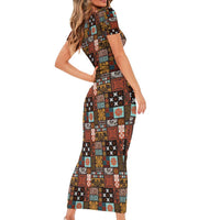 Vintage Hawaiian Quilting Patterns Short Sleeve Bodycon Dress Brown Style Tribal Fabric Patchwork LT9 - Polynesian Pride