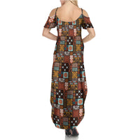 Vintage Hawaiian Quilting Patterns Summer Maxi Dress Brown Style Tribal Fabric Patchwork - Polynesian Pride