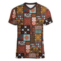 Vintage Hawaiian Quilting Patterns Women V-Neck T-Shirt Brown Style Tribal Fabric Patchwork - Polynesian Pride