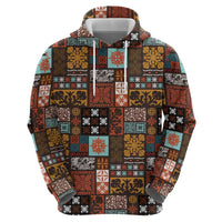 Vintage Hawaiian Quilting Patterns Zip Hoodie Brown Style Tribal Fabric Patchwork - Polynesian Pride