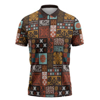 Vintage Hawaiian Quilting Patterns Zipper Polo Shirt Brown Style Tribal Fabric Patchwork - Polynesian Pride