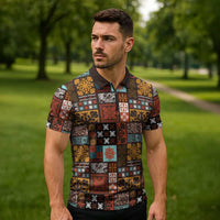 Vintage Hawaiian Quilting Patterns Zipper Polo Shirt Brown Style Tribal Fabric Patchwork - Polynesian Pride