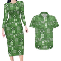 Vintage Hawaiian Quilting Patterns Couples Matching Long Sleeve Bodycon Dress and Hawaiian Shirt Green Style Tribal Fabric Patchwork - Polynesian Pride