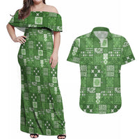 Vintage Hawaiian Quilting Patterns Couples Matching Off Shoulder Maxi Dress and Hawaiian Shirt Green Style Tribal Fabric Patchwork - Polynesian Pride
