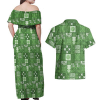 Vintage Hawaiian Quilting Patterns Couples Matching Off Shoulder Maxi Dress and Hawaiian Shirt Green Style Tribal Fabric Patchwork - Polynesian Pride