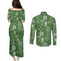 Vintage Hawaiian Quilting Patterns Couples Matching Puletasi and Long Sleeve Button Shirt Green Style Tribal Fabric Patchwork - Polynesian Pride