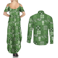Vintage Hawaiian Quilting Patterns Couples Matching Summer Maxi Dress and Long Sleeve Button Shirt Green Style Tribal Fabric Patchwork - Polynesian Pride