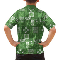 Vintage Hawaiian Quilting Patterns Family Matching Long Sleeve Bodycon Dress and Hawaiian Shirt Green Style Tribal Fabric Patchwork - Polynesian Pride