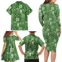 Vintage Hawaiian Quilting Patterns Family Matching Long Sleeve Bodycon Dress and Hawaiian Shirt Green Style Tribal Fabric Patchwork - Polynesian Pride