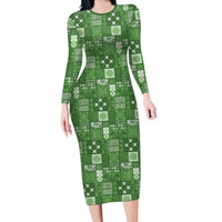Vintage Hawaiian Quilting Patterns Family Matching Long Sleeve Bodycon Dress and Hawaiian Shirt Green Style Tribal Fabric Patchwork - Polynesian Pride