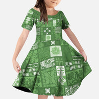 Vintage Hawaiian Quilting Patterns Family Matching Off The Shoulder Long Sleeve Dress and Hawaiian Shirt Green Style Tribal Fabric Patchwork - Polynesian Pride