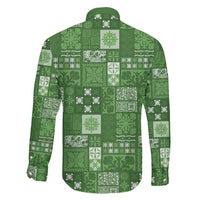 Vintage Hawaiian Quilting Patterns Family Matching Off The Shoulder Long Sleeve Dress and Hawaiian Shirt Green Style Tribal Fabric Patchwork - Polynesian Pride