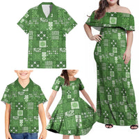 Vintage Hawaiian Quilting Patterns Family Matching Off Shoulder Maxi Dress and Hawaiian Shirt Green Style Tribal Fabric Patchwork - Polynesian Pride