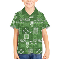 Vintage Hawaiian Quilting Patterns Family Matching Off Shoulder Maxi Dress and Hawaiian Shirt Green Style Tribal Fabric Patchwork - Polynesian Pride