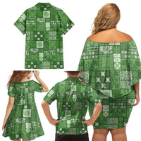 Vintage Hawaiian Quilting Patterns Family Matching Off Shoulder Short Dress and Hawaiian Shirt Green Style Tribal Fabric Patchwork - Polynesian Pride