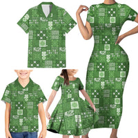 Vintage Hawaiian Quilting Patterns Family Matching Short Sleeve Bodycon Dress and Hawaiian Shirt Green Style Tribal Fabric Patchwork - Polynesian Pride