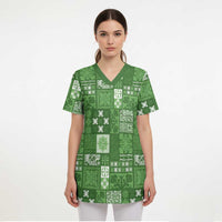 Vintage Hawaiian Quilting Patterns Scrub Top Green Style Tribal Fabric Patchwork - Polynesian Pride